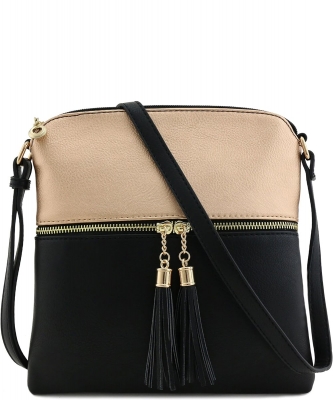 Fashion Puzzle Tassel Zip Pocket Crossbody Bag LP062S ROSEGOLD/BLACK